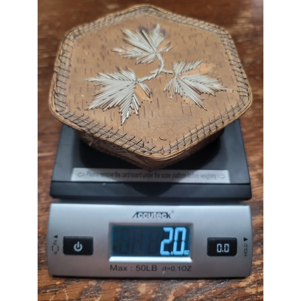 Vintage Handcrafted Hexagon Native American Birch and Porcupine Quill Woven Box